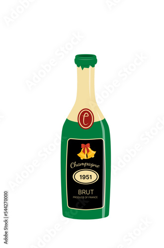 Bottle of champagne. Brut. Christmas. Opened bottle of champagne. Flat, cartoon, vector