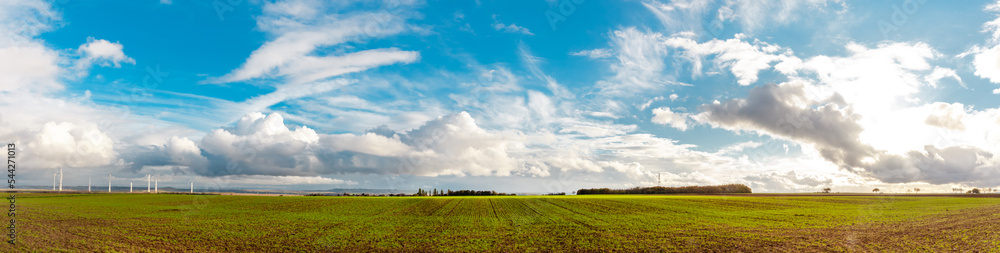 Panorama Web banner of Wind Turbines On Field on moody blue sky background. Landcape scenery with dramatic sky. Sky background with Cumulonimbus and Cirrostratus clouds. Cumulus sky. Meteorology, Panorama Web banner of Wind Turbines On Field on moody blue sky background. Landcape scenery with dramatic sky. Sky background with Cumulonimbus and Cirrostratus clouds. Cumulus sky. Meteorology,