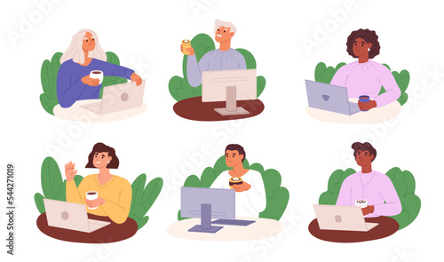 Set of freelance workers with laptop, computers and coffee work from home workplace or coworking