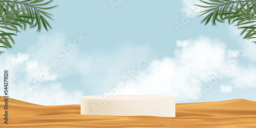 3d Stand Podium on Beach Sand,Desert Dunes Wave with Blue Sky and Cloud,Coconut Palm Laves,Vector banner backdrop Display circle on surface sand for advertising of Summer cosmetic,skincare concept
