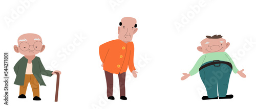 Vector old people. Retirees in a simple style. A man with a cane in a green sweater and mustard pants, sciatica in orange clothes and a fat cheerful man in a green suit.