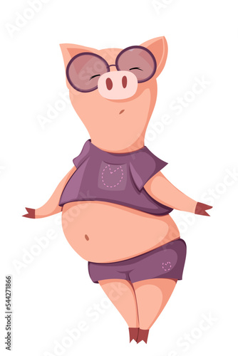Vector fashionable anthropomorphic pig. A cute, charming pig is standing on its paws in a purple top and short shorts and sunglasses, with a big belly.