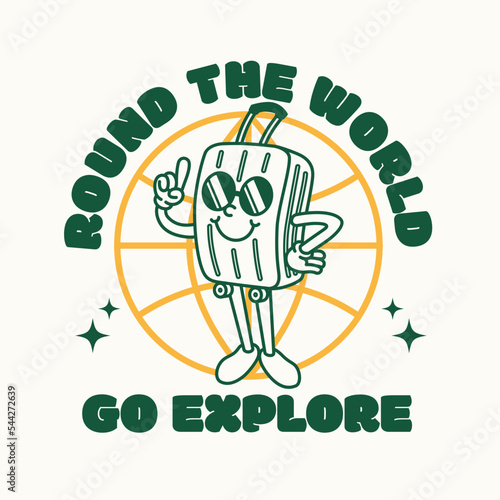 Hand drawn funny flat trendy cartoon mascot of globe traveling