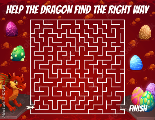 Labyrinth maze game of help the dragon to find the eggs. Cartoon red funny dragon and eggs in cave vector puzzle, riddle or quiz worksheet, kids educational activity pathfinding game, dinosaur monster