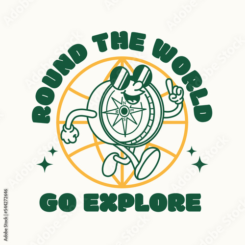 Hand drawn funny flat trendy cartoon mascot of globe traveling