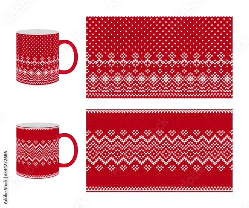 Knit seamless border print mockup collection. Christmas knitted red patterns set. Xmas sweater texture for crockery design. Holiday fair isle frame. Festive vector illustration.