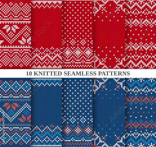 Christmas seamless patterns collection. Knitted sweater textures red and blue. Holiday fair isle traditional ornament. Set Xmas winter background. Knit prints. Wool pullover. Vector illustration