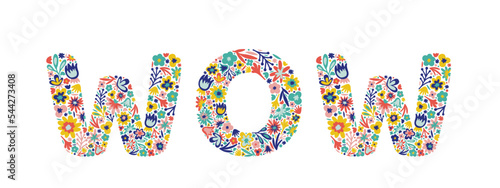 Wow lettering of flowers. Doodle style. Floral word. Vector