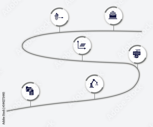 infographic element with artificial intelligence filled icons. included cam, stealing data, frequency graph, keylogger, file management, mechanical arm vector.