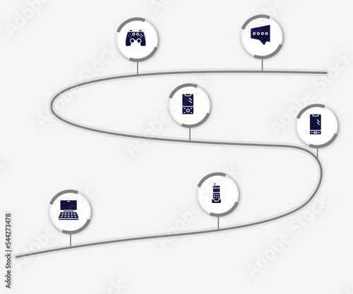 infographic element with smartphones filled icons. included black chat bubble, ps4 gamepad, vintage phone, smartphone with three buttons, notebook computer, phone home vector.