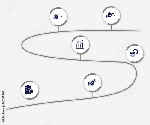 infographic element with seo and business filled icons. included corruption, technical support, demand, official, real time strategy, video marketing vector.