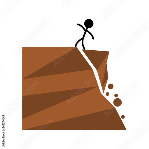 Beware people falling off cliff edge landslide rockfall mountain hill natural disaster warning sign in tourist attraction icon flat vector design.