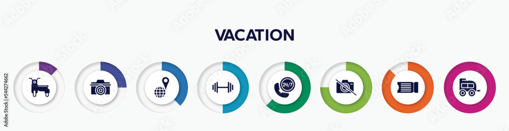 infographic element with vacation filled icons. included sidecar, digital camera, geolocated place, gym dumbbell, hotel phone, no photos, fly ticket, two window carriage vector. infographic element with vacation filled icons. included sidecar, digital camera, geolocated place, gym dumbbell, hotel phone, no photos, fly ticket, two window carriage vector.