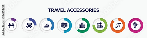 infographic element with travel accessories filled icons. included check in desk, rent a car, keops pyramid, vintage digital photo camera, hotel, camera recorder, flight transfer, breathalyzer