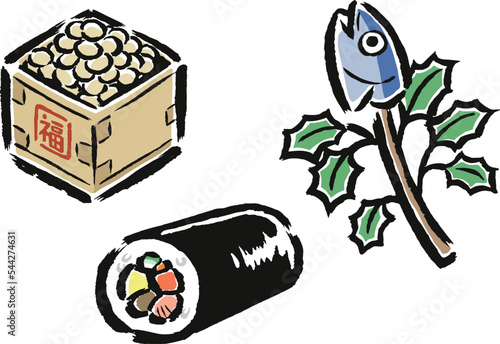 節分アイテム（恵方巻・福豆・柊鰯）　筆タッチイラスト