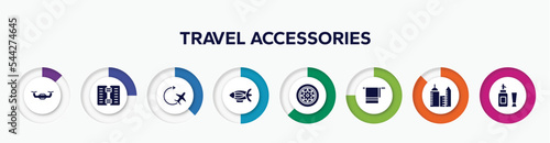 infographic element with travel accessories filled icons. included unmanned, wine menu, airplane, blimp, car parts, bath towel, modern hotel, toiletries vector.