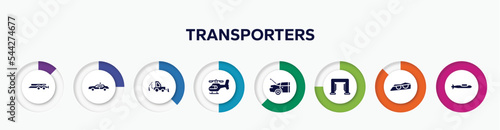 infographic element with transporters filled icons. included car trailer, police car side view, backhoe, helicopter side view, trunk open, carwash hine, car lights, submarine side view vector.