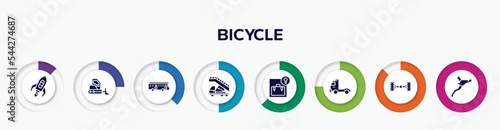 infographic element with bicycle filled icons. included flying rocket, bulldozer side view, checker, airport truck, left luggage, pickup truck side view, axle, brakes vector.