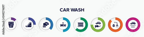 infographic element with car wash filled icons. included ticket validator, or up, microfiber, rear-view mirror, double decker bus, rental car, harbor, undercarriage vector.