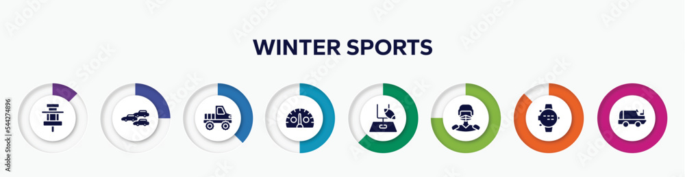 infographic element with winter sports filled icons. included paddock, apex, off road, kmh, rugby goal, hockey player, dive computer, ice resurfacer vector. infographic element with winter sports filled icons. included paddock, apex, off road, kmh, rugby goal, hockey player, dive computer, ice resurfacer vector.