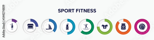 infographic element with sport fitness filled icons. included hostess, team bench, catamaran, sport bottle, highlining, protections, whey protein, fitness ball vector.