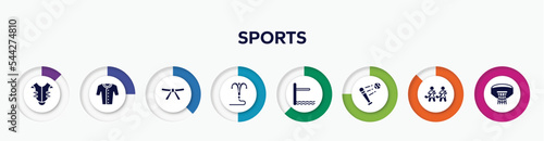 infographic element with sports filled icons. included chest protection, baseball jersey, black belt, grappling hook, diving board, battered ball, home team, basketball hoop vector.