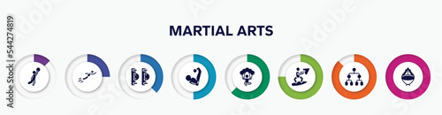 infographic element with martial arts filled icons. included team player, free flying, elbow pads, muscular, skydiving, wakeboarding, playoff, asian hat vector.