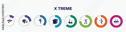 infographic element with x treme filled icons. included canoeing, hockey helmet, crocket, whole wheat bread, stationary bicycle, powerbocking, catcher, bobsledding vector.