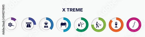 infographic element with x treme filled icons. included crank arm, starting point, sport commentor, buck, rhythmic gymnastics, batter, football trophy, flyboard vector.