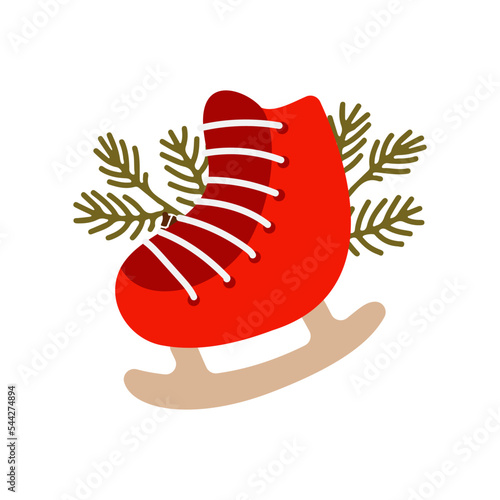 Illustration with figure ice skates and branches of fir tree