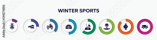 infographic element with winter sports filled icons. included paddock, apex, off road, kmh, rugby goal, hockey player, dive computer, ice resurfacer vector.