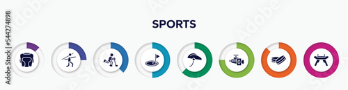 infographic element with sports filled icons. included headgear, javelin, bowman, birdie, bike helmet, horsepower, hockey puck, pommel horse vector.