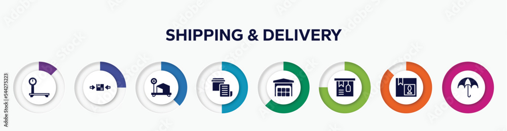 infographic element with shipping & delivery filled icons. included delivery scale, use clamps, box weight, delivery invoice, piles stored, tagged package, fragile pack, wet protect vector. infographic element with shipping & delivery filled icons. included delivery scale, use clamps, box weight, delivery invoice, piles stored, tagged package, fragile pack, wet protect vector.
