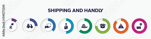 infographic element with shipping and handly filled icons. included overflow, delivery courier, lightweight, delivery box, sea ship with containers, delivery package opened, danger, map and