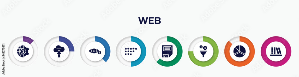 infographic element with web filled icons. included finances, upload to cloud, views, ratings, disquette, conversion, charts, calibre vector. infographic element with web filled icons. included finances, upload to cloud, views, ratings, disquette, conversion, charts, calibre vector.