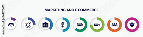 infographic element with marketing and e commerce filled icons. included velocity, rescue, credential, sharing archives, seo tag, seo label, businessmen, unboxing vector.