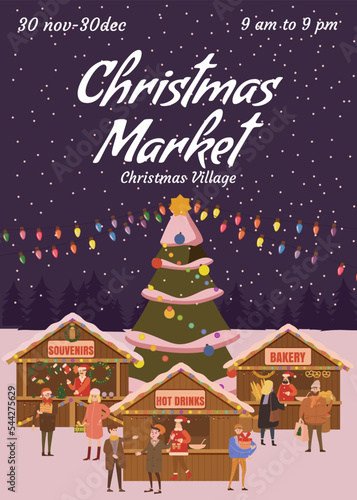 Christmas market poster. Xmas fair card with decorated Christmas tree