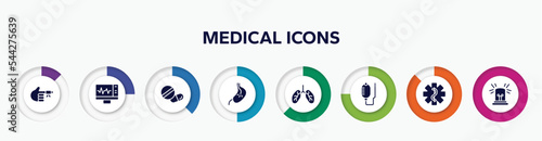 infographic element with medical icons filled icons. included hurted finger with bandage, electrocardiogram on screen, medical pill, esophagus, lungs organ, health drip, star of life, emergency