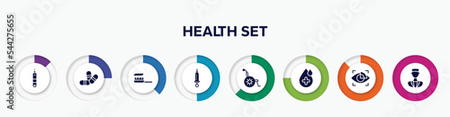 infographic element with health set filled icons. included health thermometer, two color pill, brush with tooth paste, syringe with medicine, wheelchair, drop hospital, eye scanner medical, medical