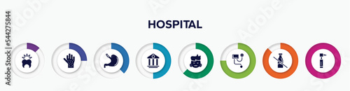 infographic element with hospital filled icons. included toothache, rash, stoh, blood bank, swelling, blood pressure meter, lactose intolerant, otoscope vector.