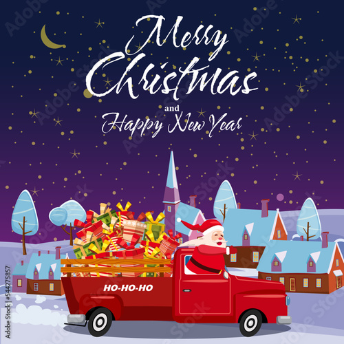 Poster Santa Claus drives an old retro car, truck