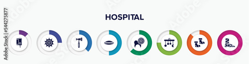infographic element with hospital filled icons. included blood bag, pollen, reflex hammer, soya, dental care, crib mobile, baby socks, cast vector.