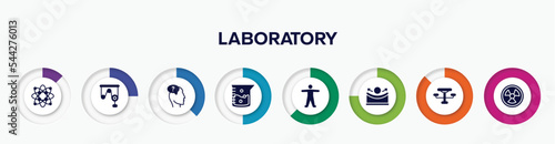 infographic element with laboratory filled icons. included protons, pulley, doubt, agitator, anatomy, concave, outdoor table, hazardous vector.