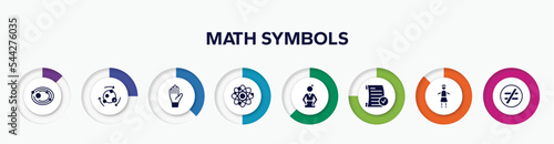 infographic element with math symbols filled icons. included solar system, metabolism, raise hand, neutrons, pregnancy, passed, headmistress, not equal vector.