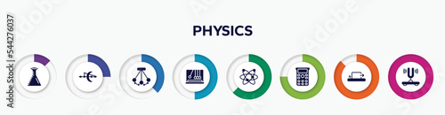 infographic element with physics filled icons. included volumetric flask, optics, pendulum, , galaxy, scientific calculator, friction, tuning fork vector.