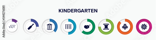 infographic element with kindergarten filled icons. included equation, baseball bat, pillars, tubes, treason, wormhole, , whirligig vector.