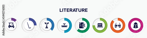 infographic element with literature filled icons. included golf cart, hockey stick, biological, rearview mirror, grade, online education, testing glasses, spartan vector.