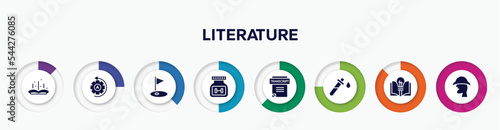 infographic element with literature filled icons. included tale, automatic, golf field, supplement, transcript, blood test, theory, sherlock holmes vector.
