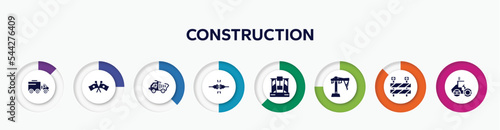 infographic element with construction filled icons. included truck with freight, flags crossed, construction materials transport, plug for electric connection, derrick with box, construction hand