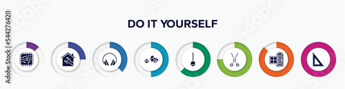 infographic element with do it yourself filled icons. included motherboard lines, house, ear protection, steamroller, working shovel, shears, door and window, vector.